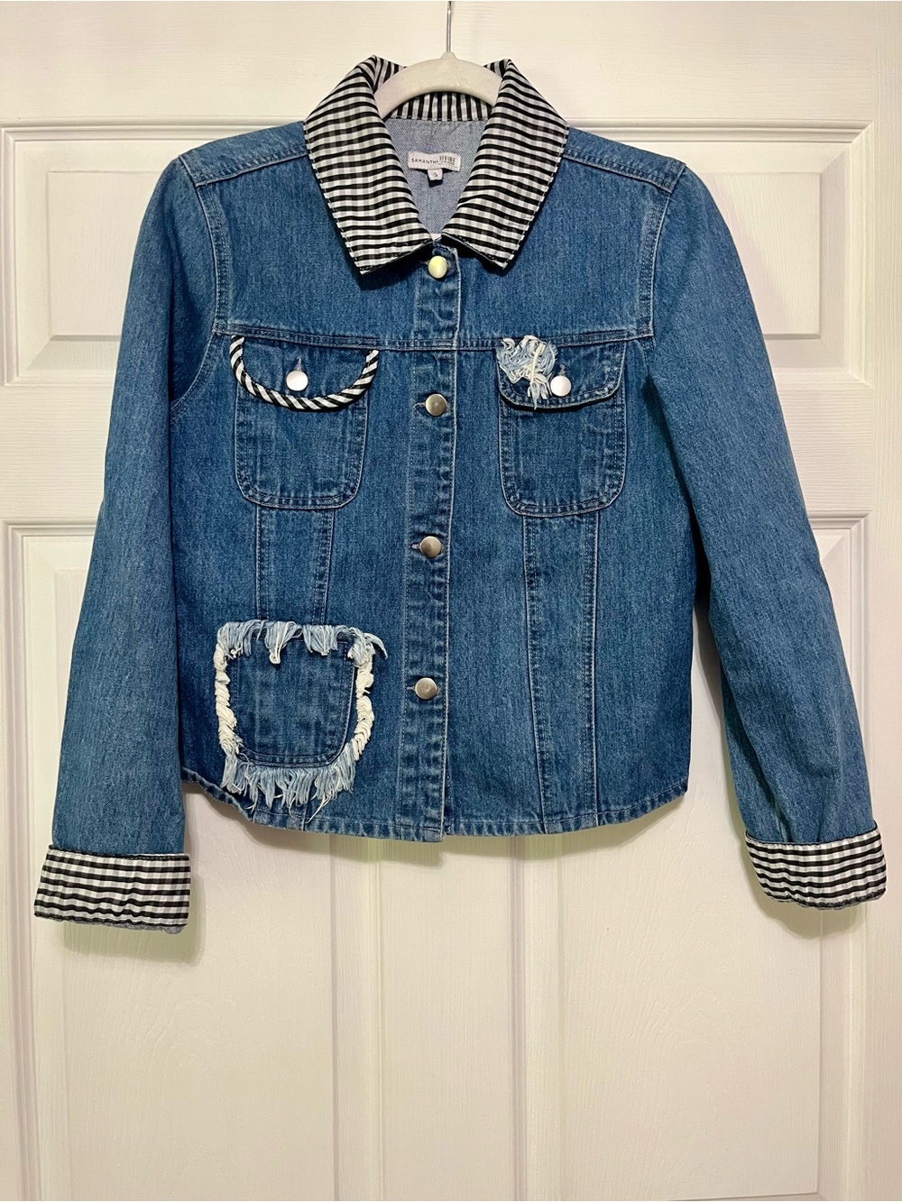 Samantha Sipos Striped-Trim Frayed Patch Blue Denim Embroidered Jacket Small